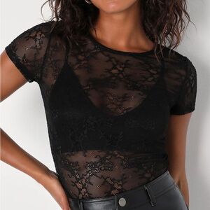 NWT Lulus Clearly Sultry Black Lace Sheer Short Sleeve Top S